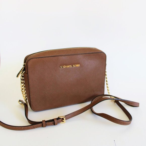 Michael Kors Brown/Tan Jet Set Large Saffiano Leather Crossbody Bag - Picture 12 of 12